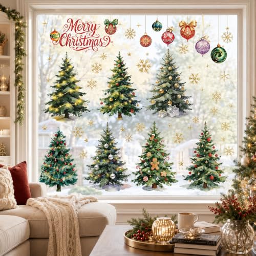 Large Christmas Window Clings - Watercolor Retro Holiday Tree Decor 35.4"