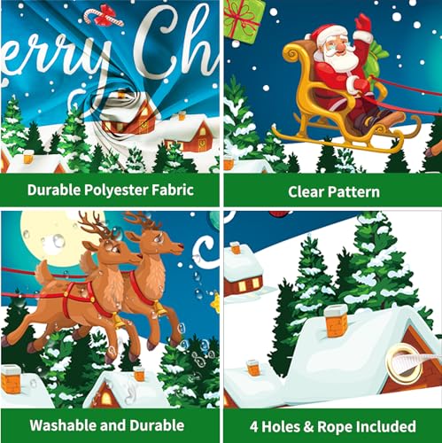Blue Santa Sled Christmas Banner Outdoor Yard Sign 210x40cm for Festive Decor