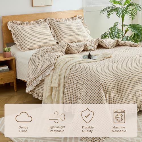 Queen Ruffle Gingham Comforter Set Tan Plaid Farmhouse Bedding Variation of THIS listing