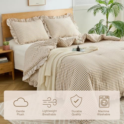 Queen Ruffle Gingham Comforter Set Tan Plaid Farmhouse Bedding Variation of THIS listing