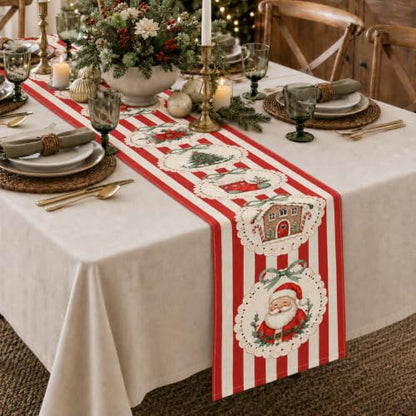 Christmas Table Runner Santa Gingerbread 13x72 Inch - Red Stripe Variation
