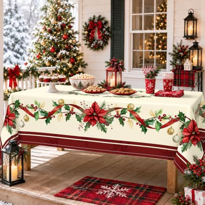 Christmas Poinsettia Rectangular Tablecloth 60x84 Inch Waterproof & Wrinkle-Resistant