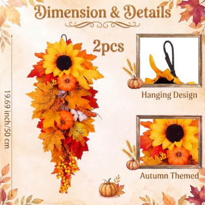 Cindeer 2 Pcs Fall Teardrop Swags for Front Door Decor Sunflowers Pumpkin