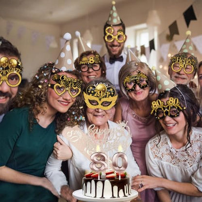 16PCS Gold 80th Birthday Glasses Photo Props Party Decorations
