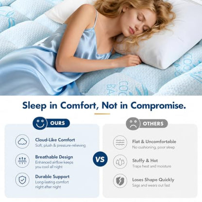 Blue Queen Size Mattress Topper - Extra Thick Pillow Top Cooling Bed Pad