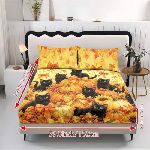 Fall Pumpkin Black Cat Fitted Sheet Set with Deep Pockets - Super Queen