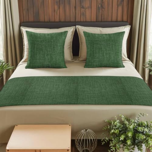 Queen Size Bed Runner with 2 Pillow Covers Green Linen Textured 83x20 - Vintage Style