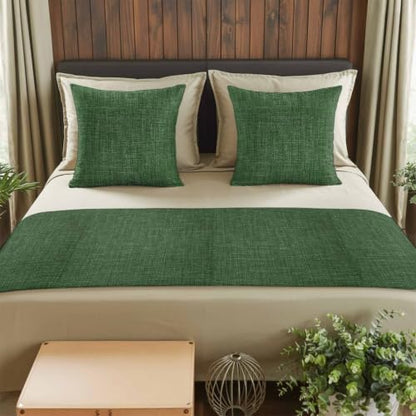 Queen Size Bed Runner with 2 Pillow Covers Green Linen Textured 83x20 - Vintage Style