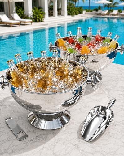 Large Stainless Steel Ice Bucket for Parties, Silver, 2 Pack