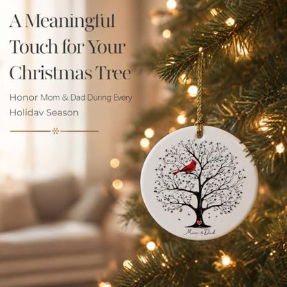In Loving Memory Memorial Ornament - Mom & Dad Keepsake Christmas Decoration - Tree of Life Design with Cardinal - Double-Sided Ceramic Tribute