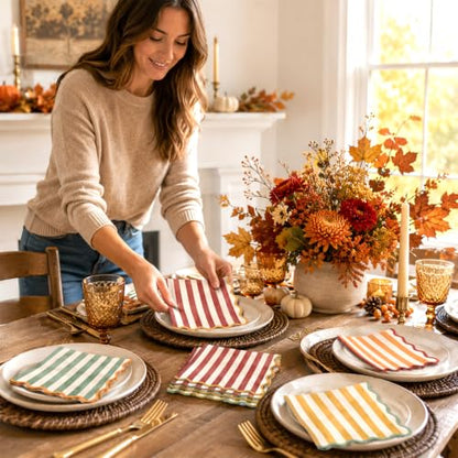 Fall Cocktail Napkins Set 100pcs Vintage Striped Scalloped Edges