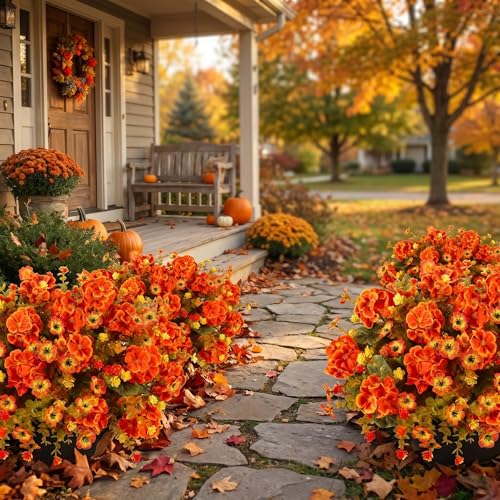 Artificial Geranium Flowers Fall Decor - Orange, 10 Bundles