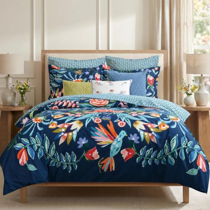Navy Duvet Cover Set - King Botanical Floral Bird Design, Reversible Cotton
