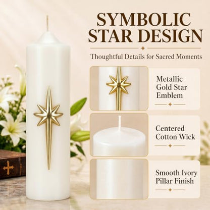 Christmas Advent Candles Set - 4 White Religious Pillar Candles with Gold Star