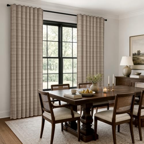 Brown Plaid Gingham Curtains 2 Panels 52W x 84L - Farmhouse Window Drapes, Light Filtering
