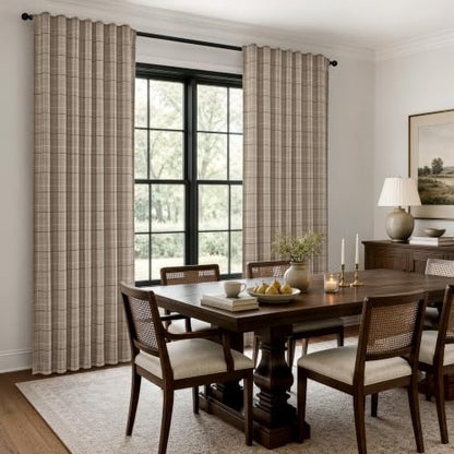 Brown Plaid Gingham Curtains 2 Panels 52W x 84L - Farmhouse Window Drapes, Light Filtering