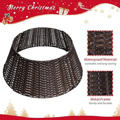 Dark Brown Wicker Christmas Tree Collar for 4-7.5 ft Trees, 22.5 Inch Diameter