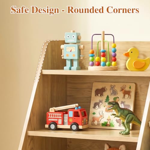 Kids Bookshelf & Toy Storage Organizer - 4-Tier Wooden Toddler Bookcase with Removable Fabric Bins
