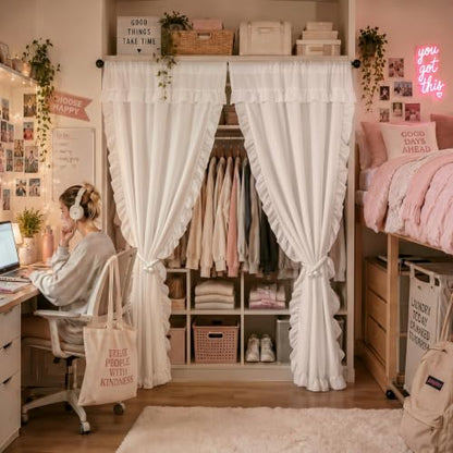 White Ruffled Closet Curtains Set with Tiebacks - 42 x 80 Inches