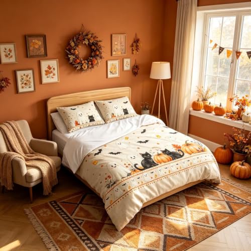 Halloween Duvet Cover Set Queen Black Cat Ghost Pumpkin Border - Whimsical Spooky Season Bedding