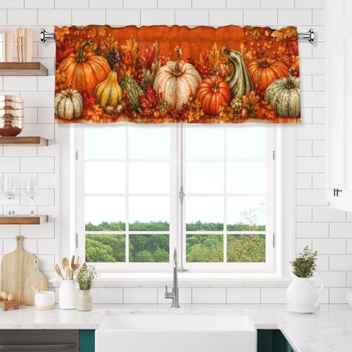 Fall Pumpkin Valance Curtain - 54W x 18L Short Window Treatment with Rod Pocket - Holiday Home Decor