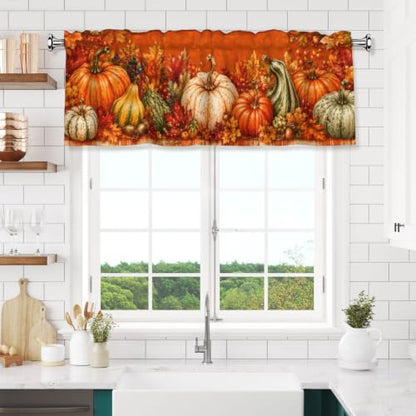 Fall Pumpkin Valance Curtain - 54W x 18L Short Window Treatment with Rod Pocket - Holiday Home Decor
