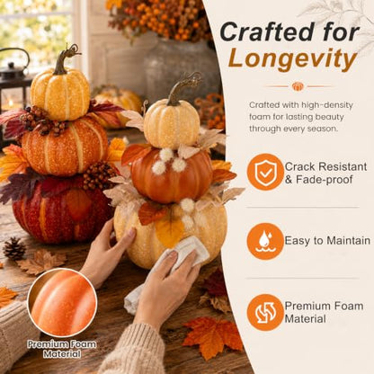 2Pcs Large Stacked Pumpkin Decor Set - Light Yellow & Orange Autumn Topiaries with Maple Leaves for Fall Harvest Halloween Thanksgiving