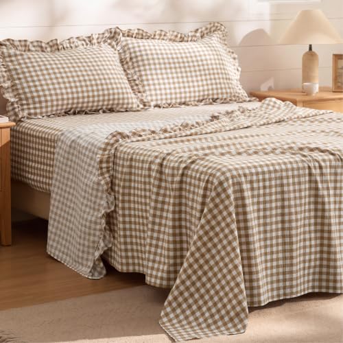 Bedsure Queen Size Gingham Bed Sheet Set with Ruffled Edges - Brown Farmhouse Style, 4 Piece