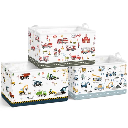 Kids Storage Basket Set of 3 with Fire Engine Design - Foldable Toy Organizer