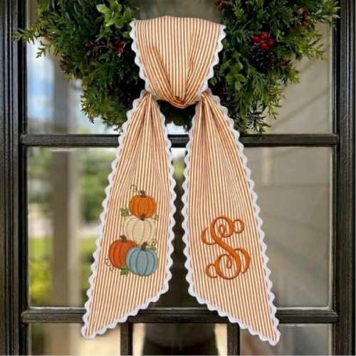Personalized Fall Wreath Sash with Monogram, Pumpkin & Sage Stripe - Pumpkin Fall
