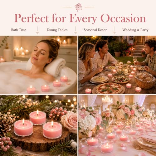 Pink Rose Scented Tea Light Candles 50 Pack Natural Soy Wax