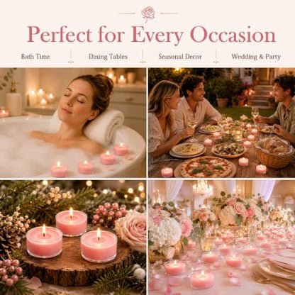 Pink Rose Scented Tea Light Candles 50 Pack Natural Soy Wax