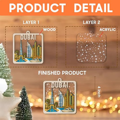 Wooden Christmas Ornament with Dubai Skyline - Burj Khalifa & Marina Towers Snow Scene