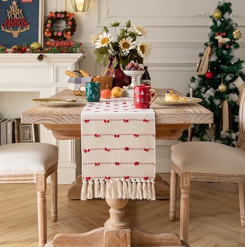 Caflife Christmas Table Runner 13x90 Inch Red and Beige Cotton with Tassels - Farmhouse Holiday Decor