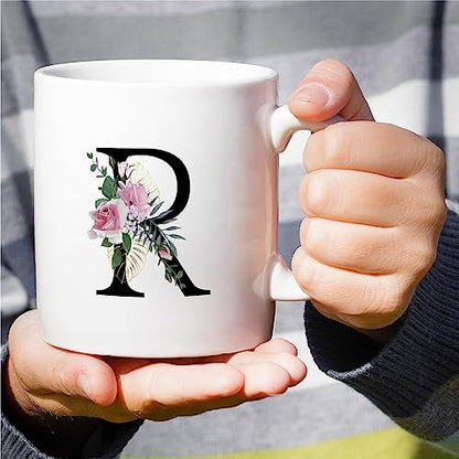 Initial R Floral Botanical Mug - White 11 Oz Ceramic Coffee Tea Cup with Variation