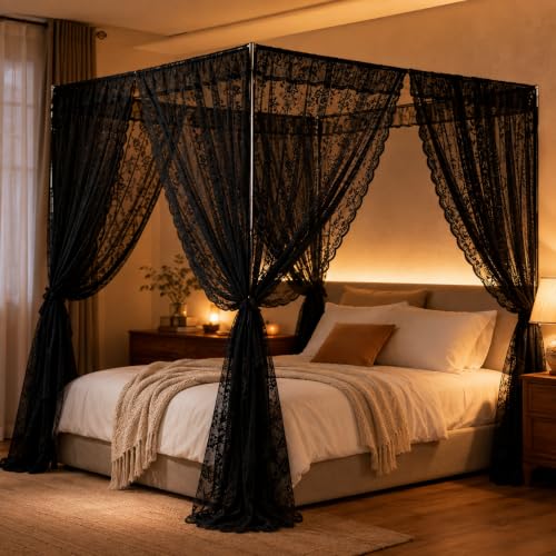 Black Lace Canopy Bed Curtains Set for Queen Bed - 39x79 Double Layer Drape with 4 Openings