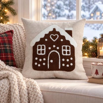Gingerbread House Christmas Throw Pillow Cover 18x18 - Brown & White, Pack of 1