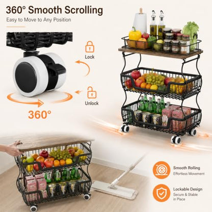 Black 16.93x11.02x20.87 Inch 3-Tier Fruit & Vegetable Storage Cart