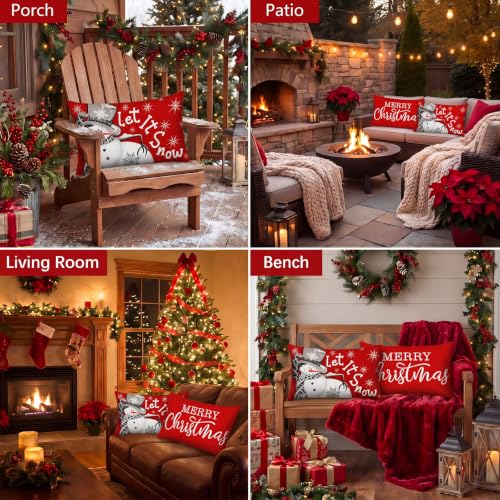 2 Pack Christmas Waterproof Lumbar Pillow Covers 12x20 - Red Snowman & Merry Christmas