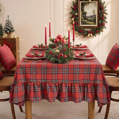 Romanstile Christmas Red Plaid Ruffled Tablecloth 60x120 Inch Rectangular - Holiday Decor