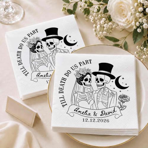 Personalized Gothic Skeleton Wedding Cocktail Napkins - Couple 1734 Halloween Wedding Decor