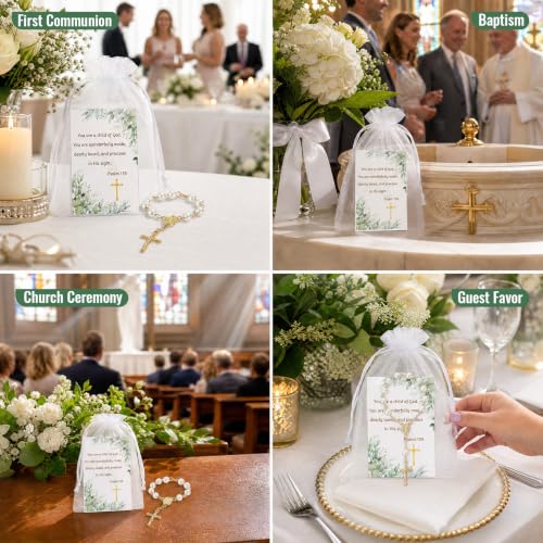 50 Gold Rosary Sets for Baptism and Religious Celebrations with Cards and Bags