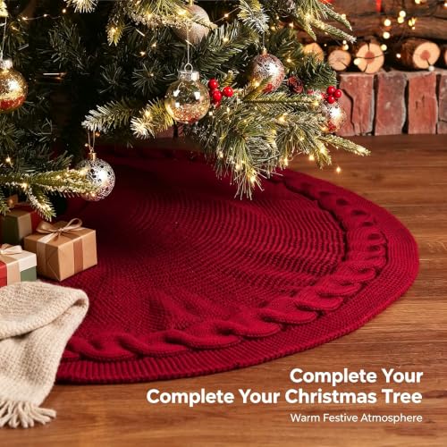 48 Inch Christmas Tree Skirt - Red Cable Knit Holiday Decor
