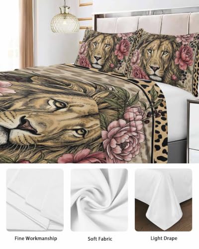 Queen Size Flat Sheet with Lion Print Microfiber Bed Sheets - Rose, Camel, Emerald, Peony / Queen