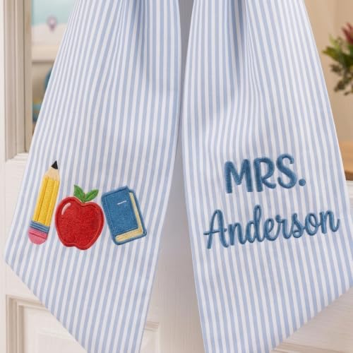 Gingham Baby Blue Personalized Teacher Door Wreath Bow with Embroidered Name