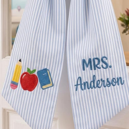 Gingham Baby Blue Personalized Teacher Door Wreath Bow with Embroidered Name