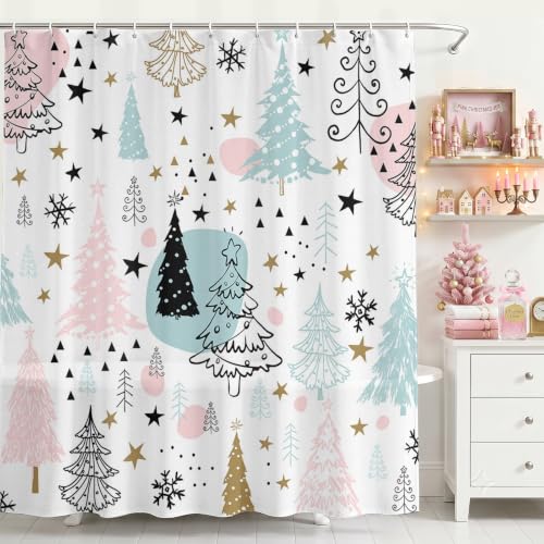 Pastel Christmas Tree Shower Curtain 72x72 Inch Pink Snowflakes Bathroom Decor
