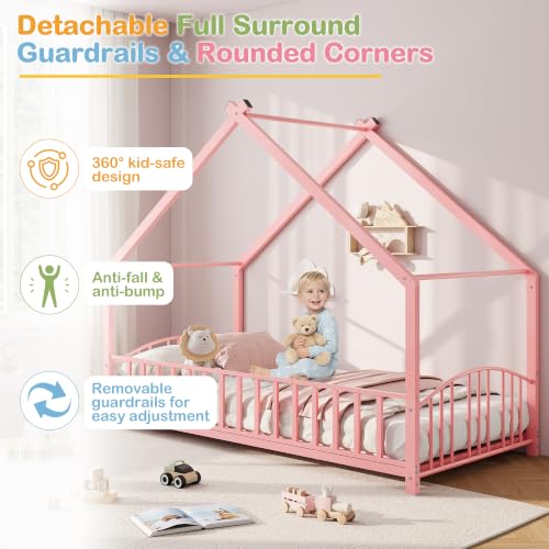 Twin Size House Shape Bed Frame with Guardrail - Pink, Low Profile, Sturdy Metal Design