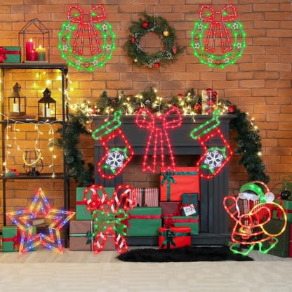 Christmas Window Silhouette Lights - 16 Inch LED Holiday Decorations with Variation Wreath & Bow & Star & Candy Cane & Santa & Stocking