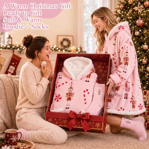 Berlune Pink Christmas Wearable Blanket Hoodies with Fuzzy Socks - Nutcracker Variant